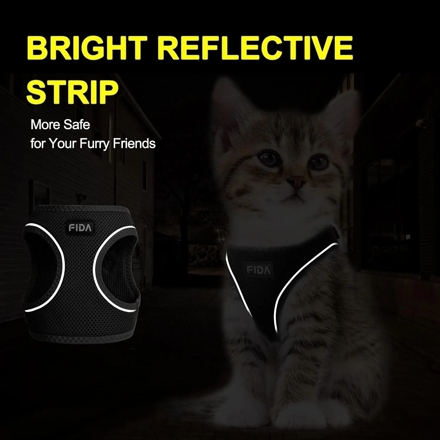 Fida Cat Harness and Leash Set for Walking Kitten and Puppy, Escape Proof Kitten Harness with Breathable Lightweight Soft Mesh, Adjustable Reflective Step-in Design for Kitten and Puppy.(XXXS, Black)