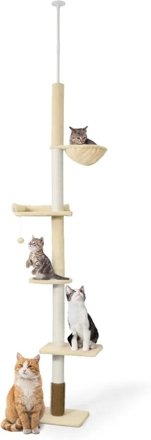 Floor to Ceiling Cat Tree, Adjustable Height 104-115 Multi-Tier Cat Climbing Tower w/Itching Scratcher, Cozy Hammock, Interactive Playball, Platforms for Indoor Cats, Beige