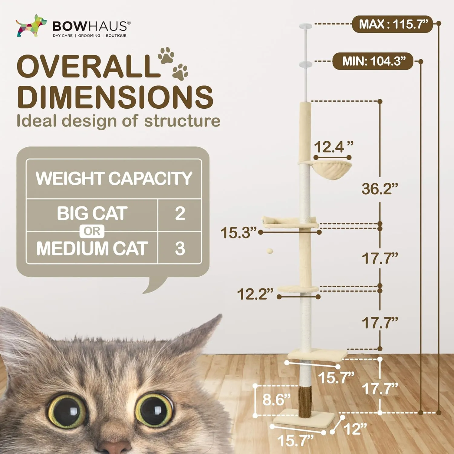 Floor to Ceiling Cat Tree, Adjustable Height 104-115 Multi-Tier Cat Climbing Tower w/Itching Scratcher, Cozy Hammock, Interactive Playball, Platforms for Indoor Cats, Beige