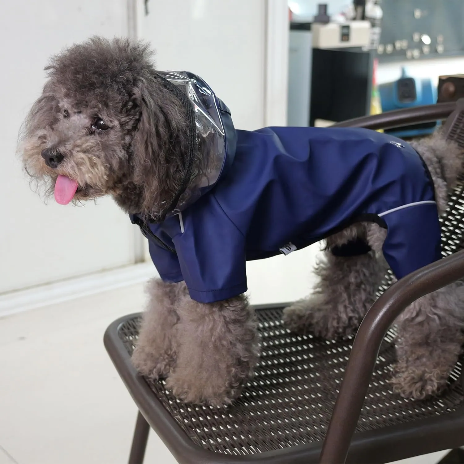 Four-Legged Full Coverage Waterproof Dog Raincoat with Reflective Features Pet Raincoats for Large Medium Small Dogs Navy Blue L