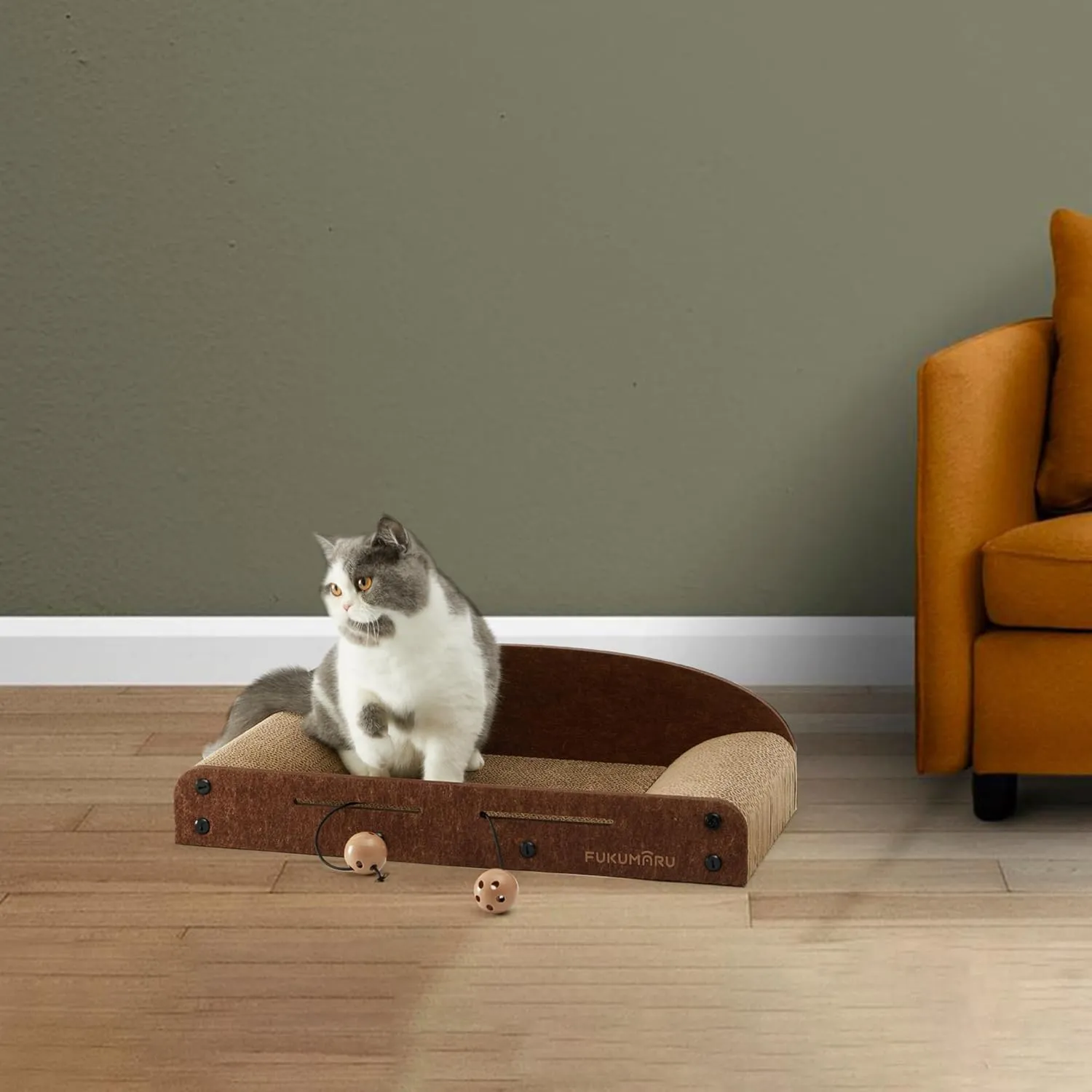 FUKUMARU Cat Scratcher Cardboard, 21 Inch Sofa Shaped Cat Scratching Boards, Durable Felt Cats Scratch Pad for Indoor Cats as Lounger Bed Sofa Couch with Bell Ball Toy