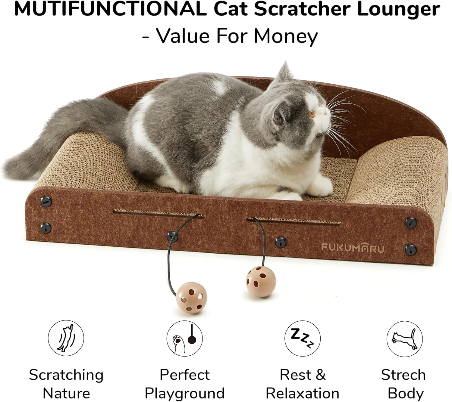 FUKUMARU Cat Scratcher Cardboard, 21 Inch Sofa Shaped Cat Scratching Boards, Durable Felt Cats Scratch Pad for Indoor Cats as Lounger Bed Sofa Couch with Bell Ball Toy