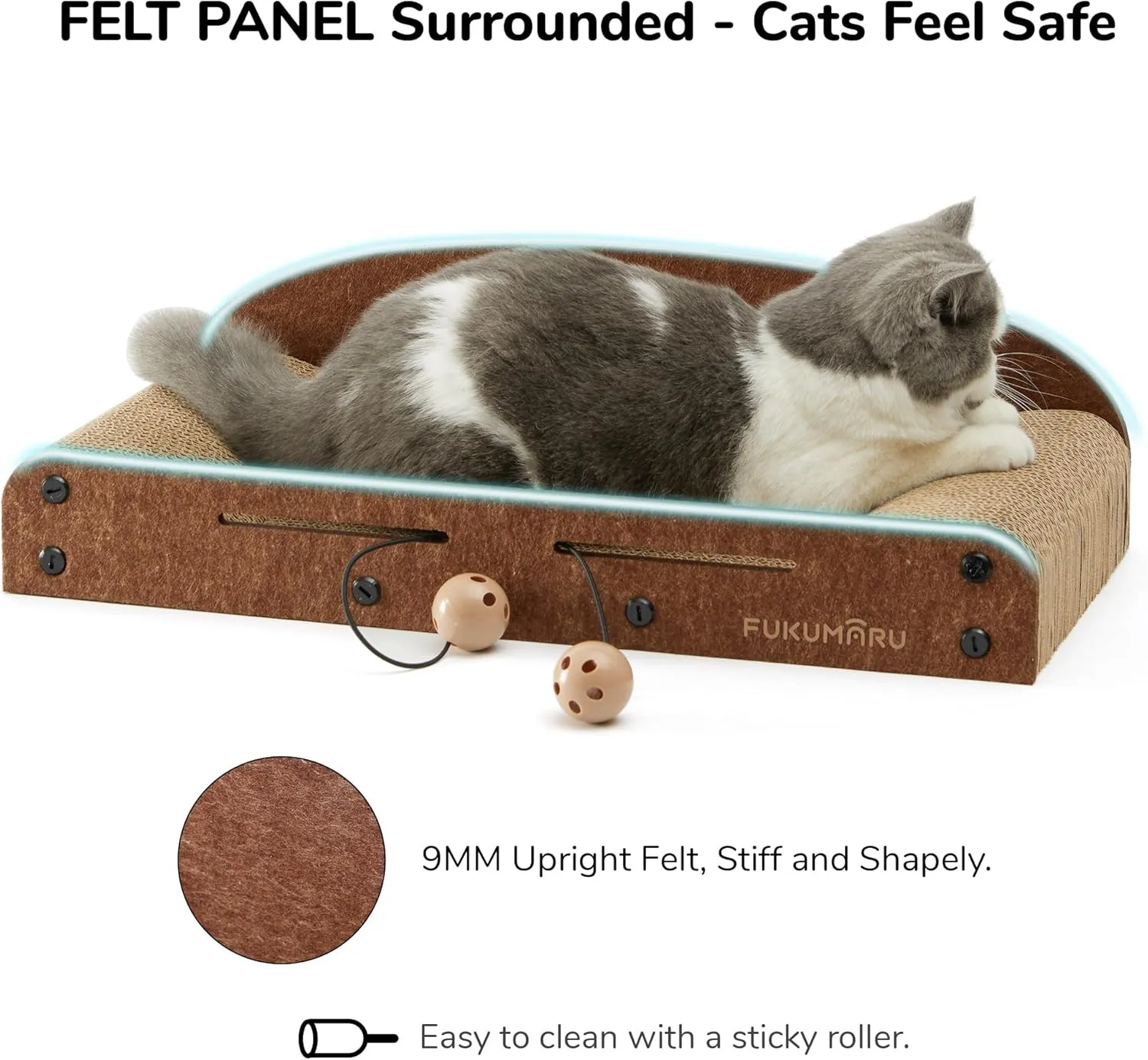 FUKUMARU Cat Scratcher Cardboard, 21 Inch Sofa Shaped Cat Scratching Boards, Durable Felt Cats Scratch Pad for Indoor Cats as Lounger Bed Sofa Couch with Bell Ball Toy