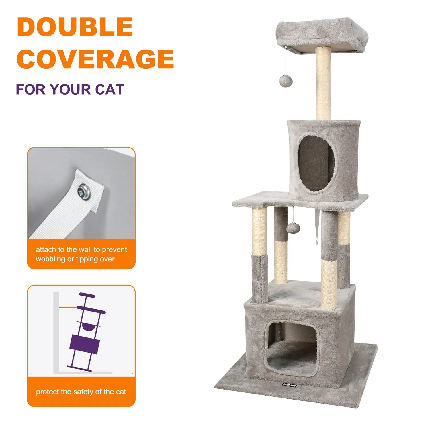 GOOPAWS 58-in Faux Fur Cat Tree & Condo, Grey