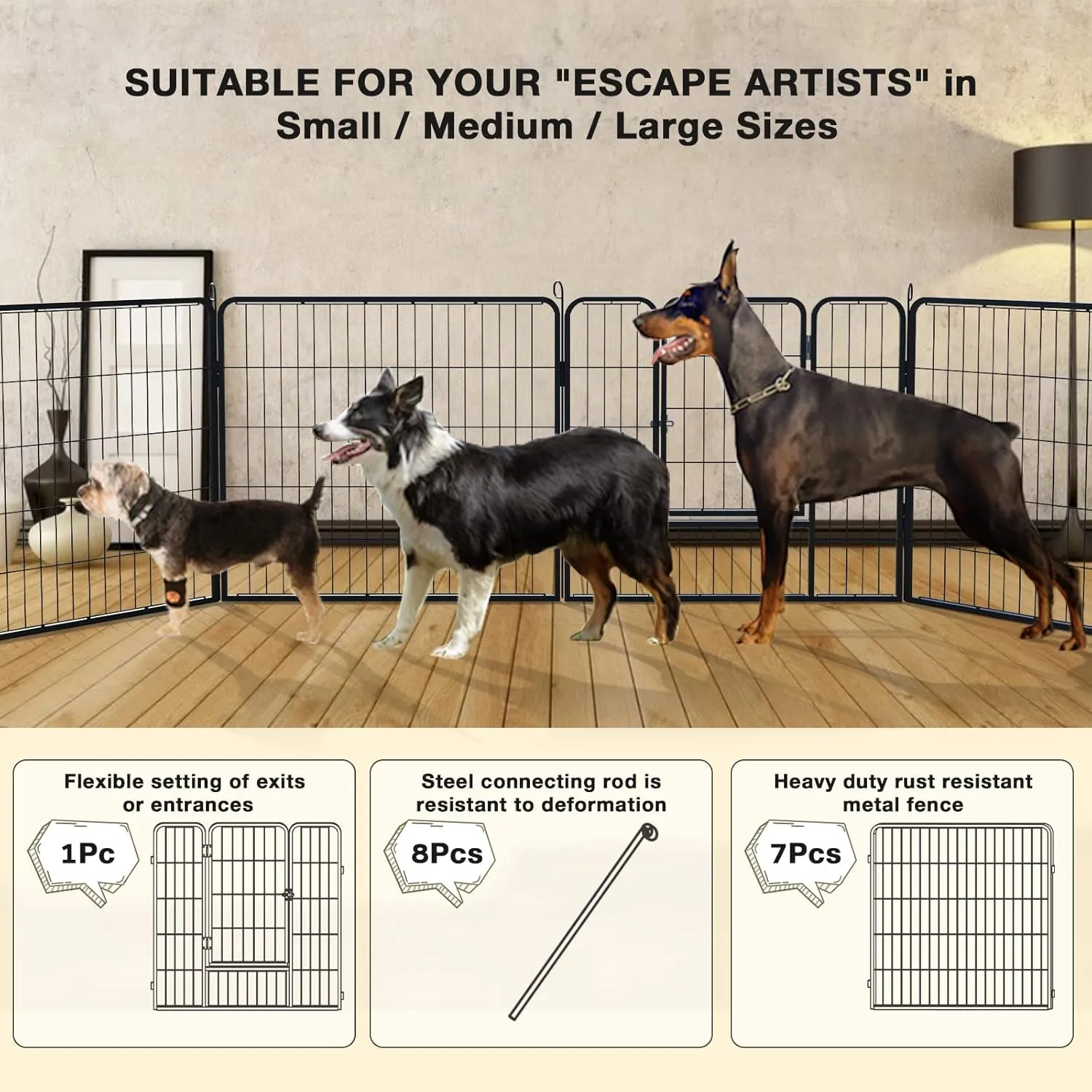 Heavy Duty Metal Dog Playpen for Outdoor, 8/16 Panels 24"/32"/40" Height Rustproof Pet Fence with Doors for Large/Medium/Small Dogs, Yard,Camping