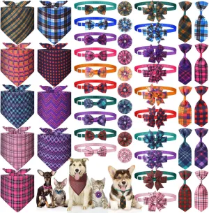 Hosuly 50 Pcs Funny Dog Bandana Collar Set Include 10 Bow Tie 10 Necktie Collar 10 Pet Scarf 10 Bow Flowers 10 Hexagonal Bowtie Cat Dog Grooming Accessories for Festival Photography(Plaid)