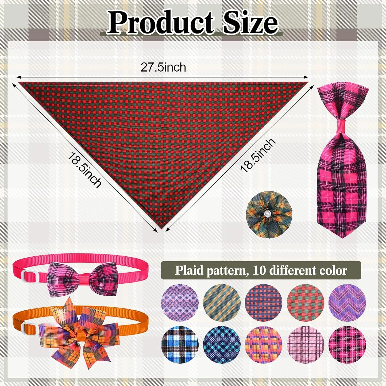 Hosuly 50 Pcs Funny Dog Bandana Collar Set Include 10 Bow Tie 10 Necktie Collar 10 Pet Scarf 10 Bow Flowers 10 Hexagonal Bowtie Cat Dog Grooming Accessories for Festival Photography(Plaid)