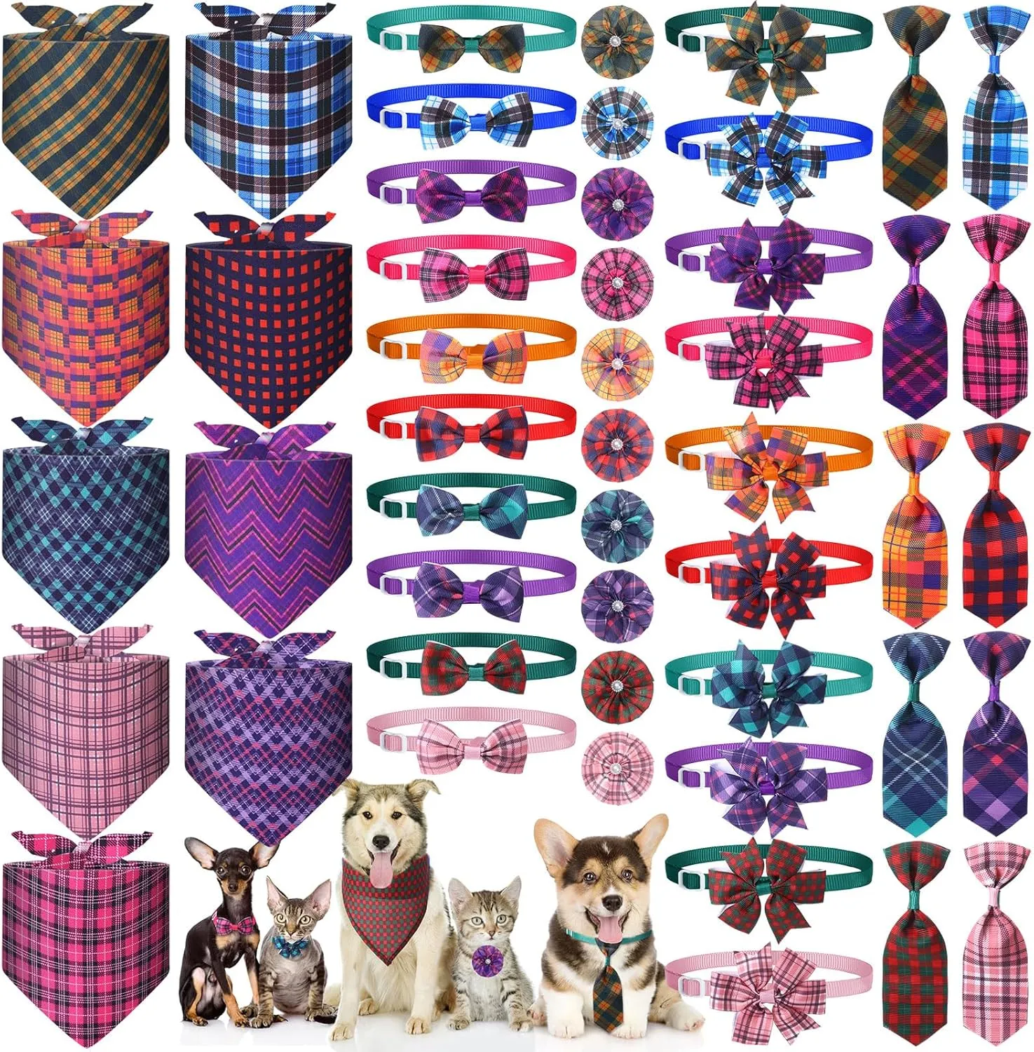 Hosuly 50 Pcs Funny Dog Bandana Collar Set Include 10 Bow Tie 10 Necktie Collar 10 Pet Scarf 10 Bow Flowers 10 Hexagonal Bowtie Cat Dog Grooming Accessories for Festival Photography(Plaid)