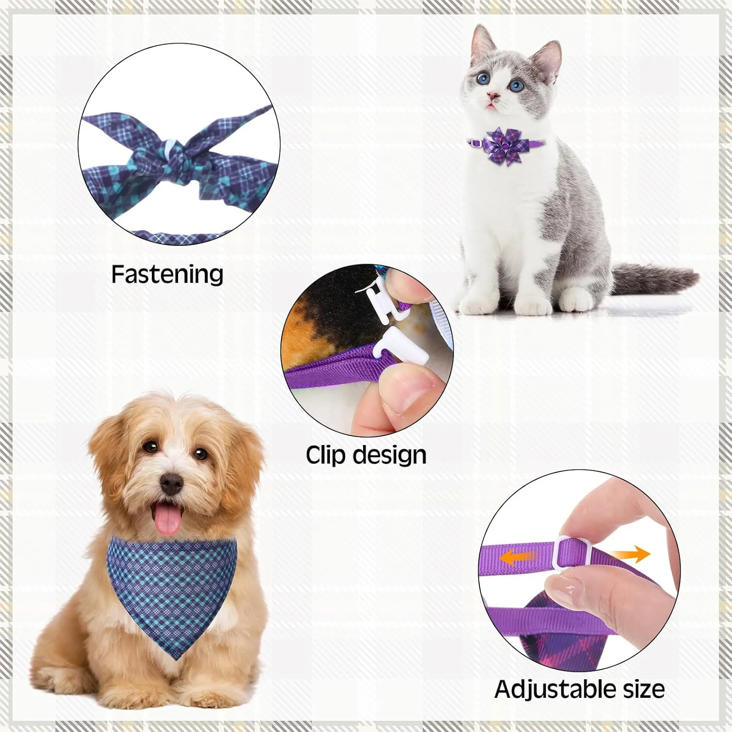 Hosuly 50 Pcs Funny Dog Bandana Collar Set Include 10 Bow Tie 10 Necktie Collar 10 Pet Scarf 10 Bow Flowers 10 Hexagonal Bowtie Cat Dog Grooming Accessories for Festival Photography(Plaid)