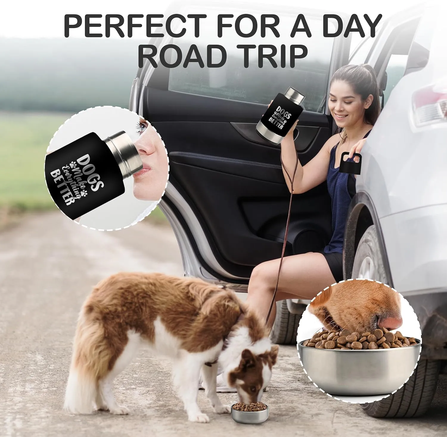 Insulated Dog Travel Water Bottle With Detachable Bowls, Ideal Gifts for Dog Lovers, Portable Water Bottle Dispenser, For Walking, Hiking, Camping, Outdoor (Black:Dogs Better, 32 Oz)