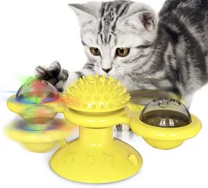 Interactive Windmill Cat Toys with Catnip : Cat Toys for Indoor Cats Funny Kitten Toys with LED Light Ball Suction CupCat Nip Toy for Cat chew Exercise (Yellow)