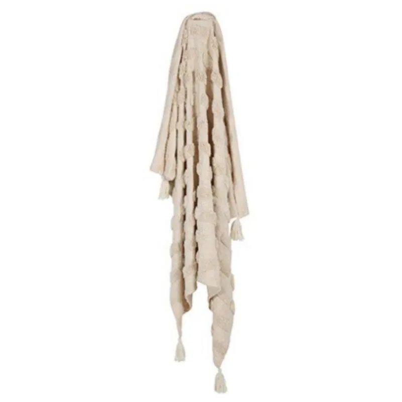 Ivory Piol Cotton Throw with Tassels & Tufting - 150cm x 125cm