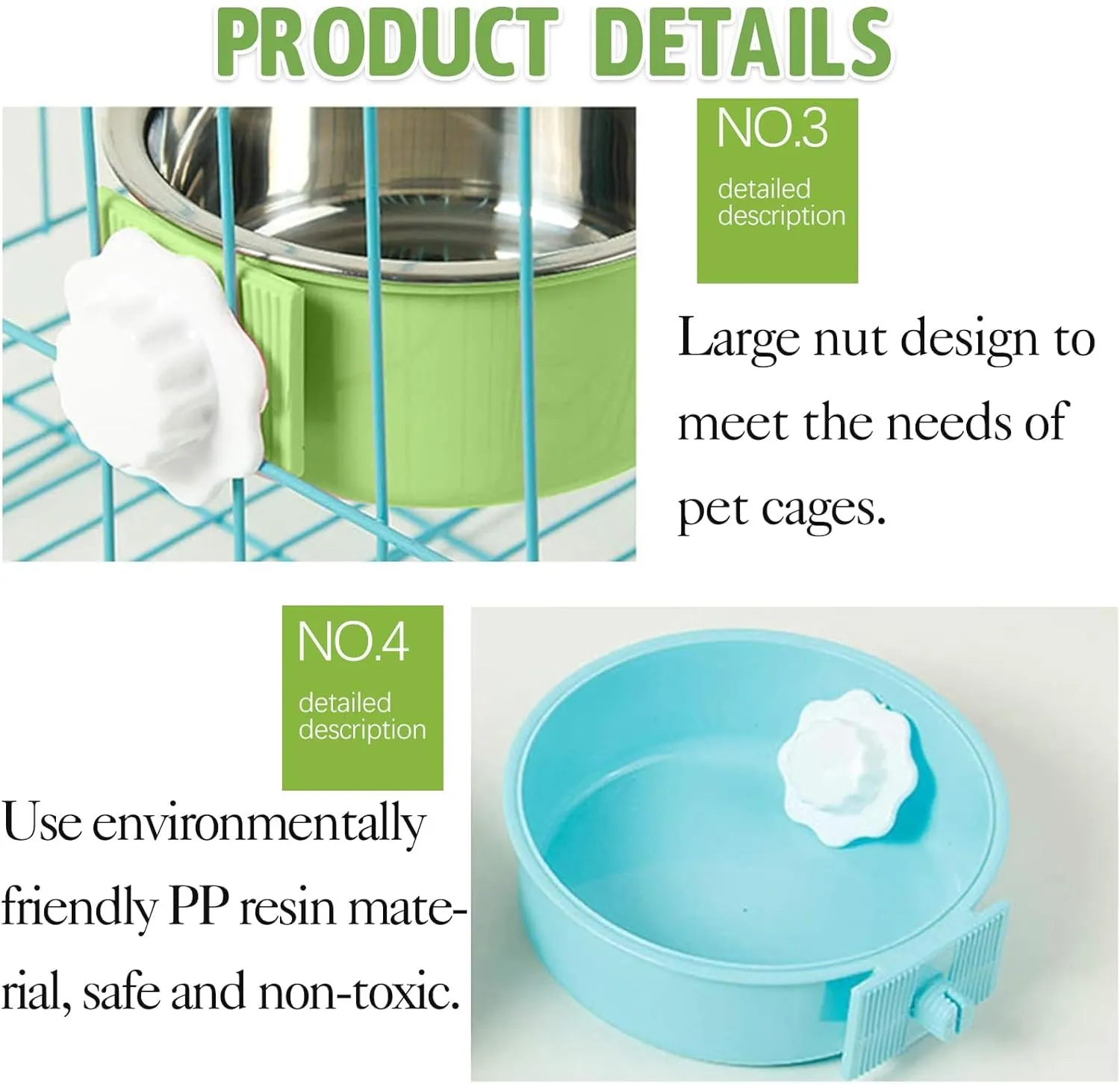 kathson Crate Dog Bowl 2pcs, Removable Stainless Steel Hanging Pet Kennel Cage Bowl Food & Water Feeder Coop Cup for Puppy, Cat, Rabbit,Guinea Pigs Large (Blue,Green)