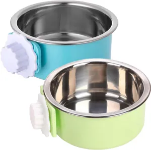 kathson Crate Dog Bowl 2pcs, Removable Stainless Steel Hanging Pet Kennel Cage Bowl Food & Water Feeder Coop Cup for Puppy, Cat, Rabbit,Guinea Pigs Large (Blue,Green)