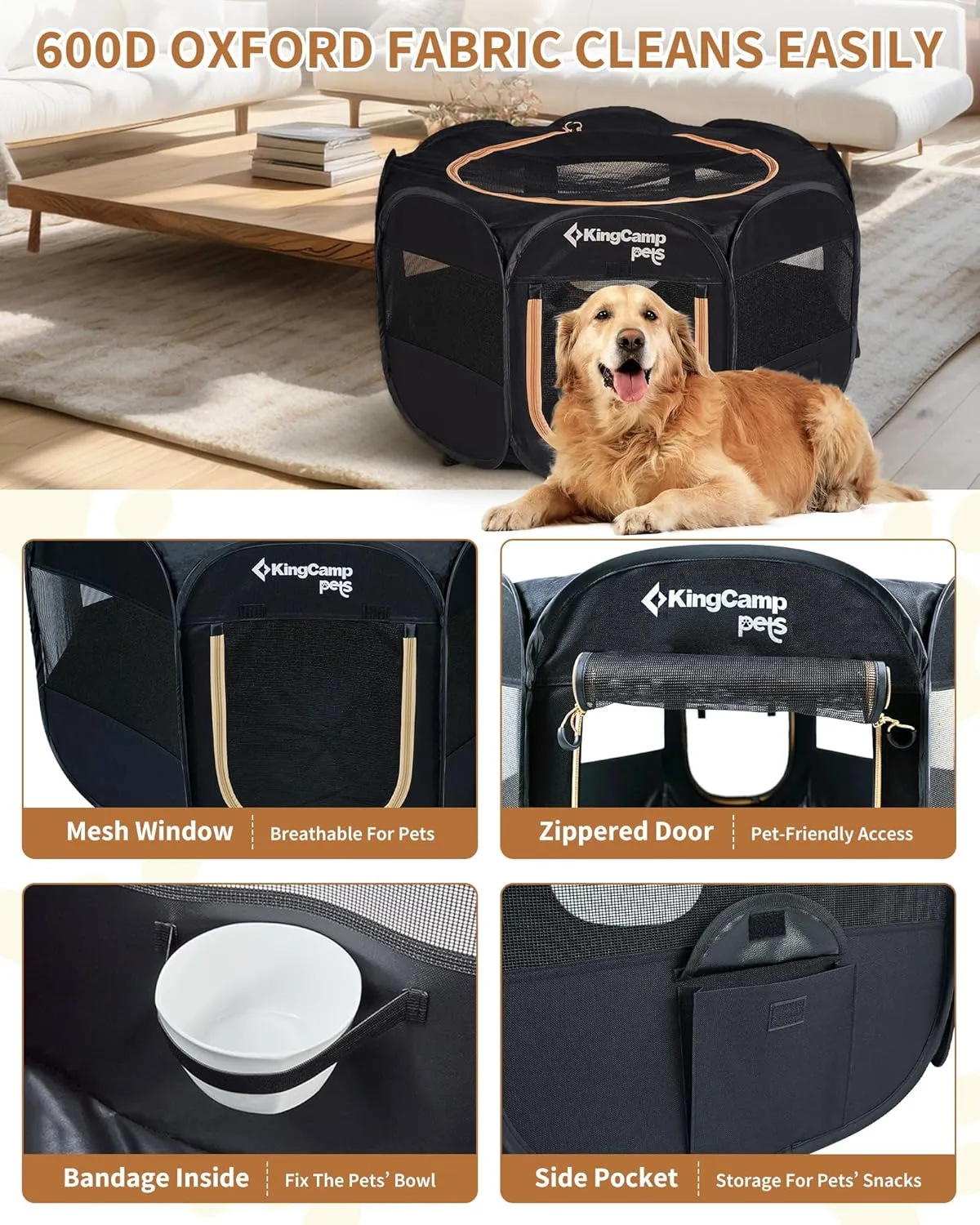 KingCamp Dog Playpen, Portable Foldable Cat Kitten Puppy Tent Crates 29"/36"/50" Pop Up Pet Playpen with Zippered Bottom & Cover for Indoor Outdoor Use (Small, Black)