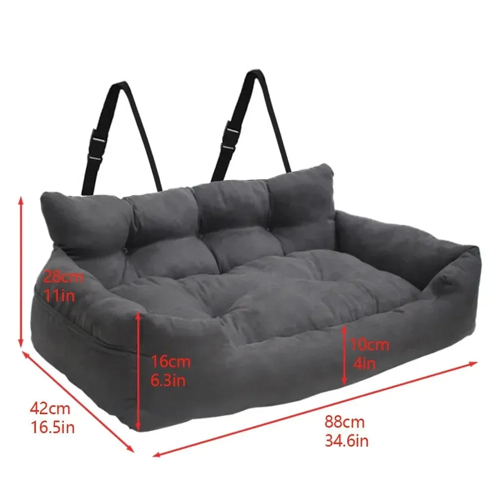 Large Dog Car Seat with Safety Belt – Washable Travel Dog Bed for Back Seat