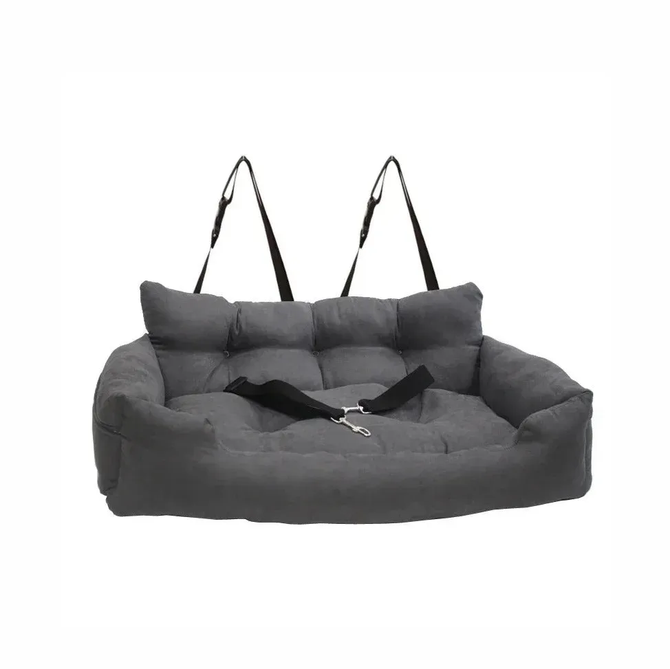 Large Dog Car Seat with Safety Belt – Washable Travel Dog Bed for Back Seat
