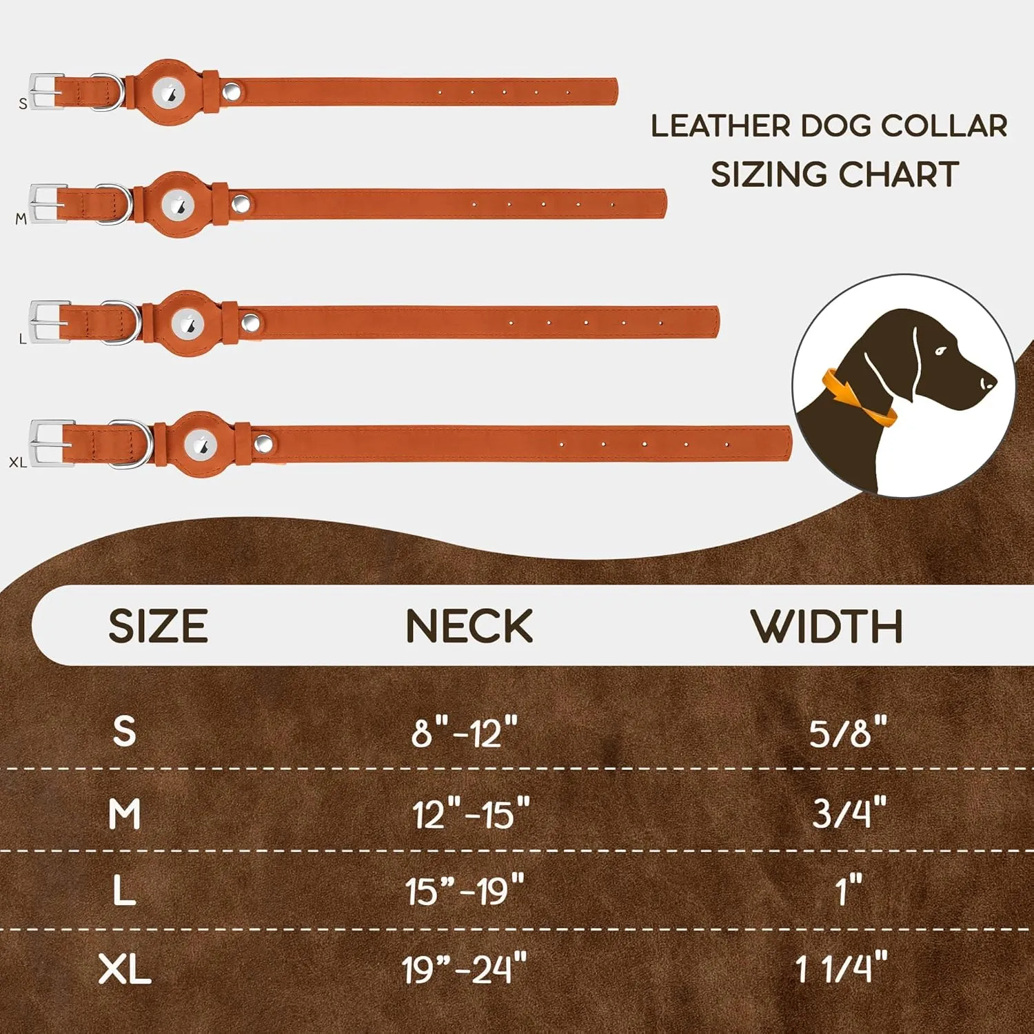 Leather Dog Collar with Airtag Holder - Apple AirTag Dog Collars - Soft Tracking Smart GPS Pet Collar for Small Medium Large Dogs Puppy (Brown, S, 9"-12" Neck Fit)