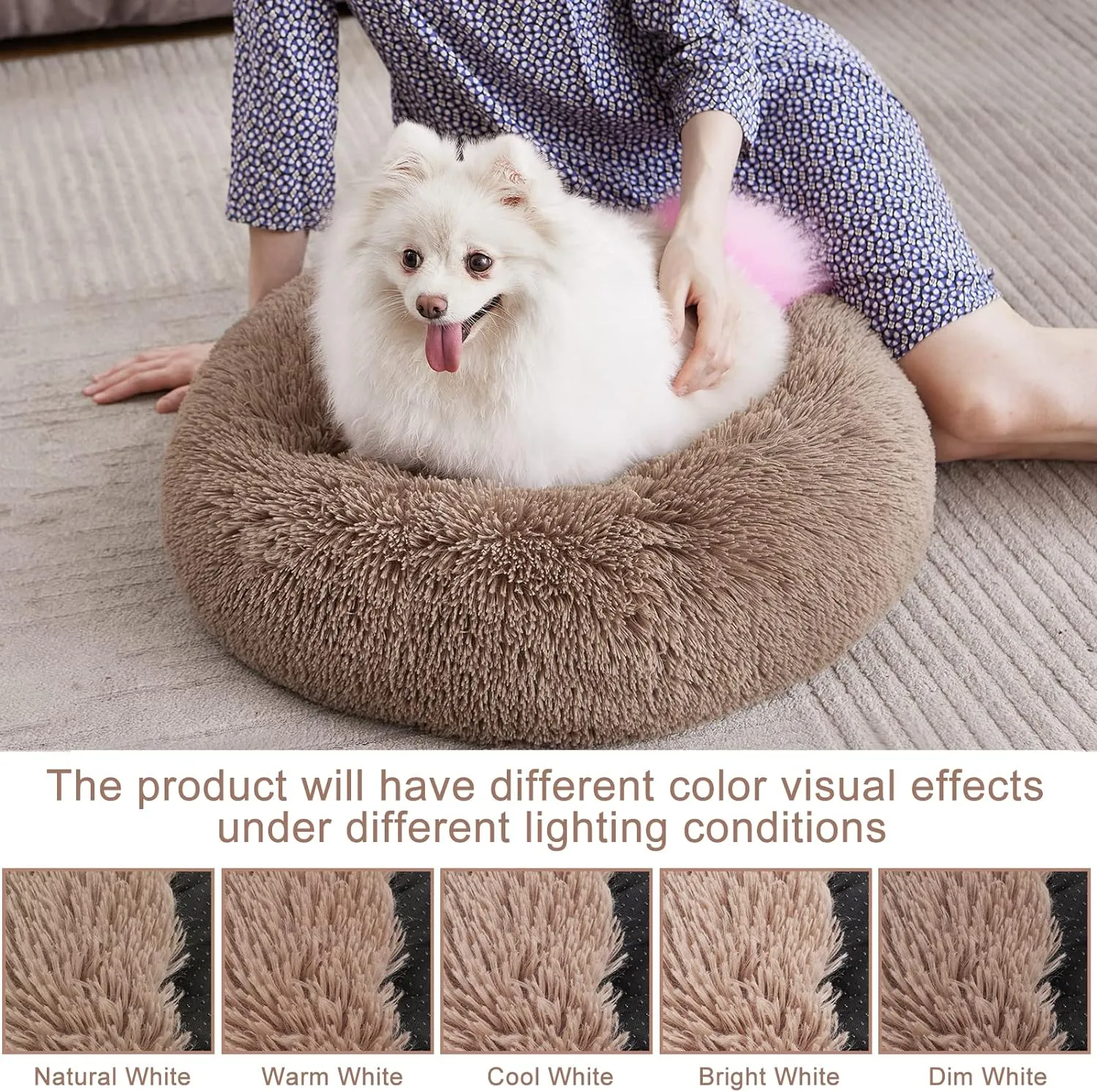 MIXJOY Calming Cat Beds for Indoor Cats, 20'' Kitten Donut Beds for Pet Up to 15lbs, Fluffy Small Cat Cuddler, Anti-Anxiety Plush Faux Fur Large Pet Bed Washable (20'', Brown)