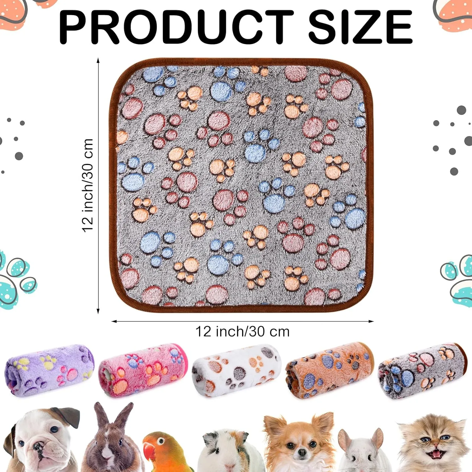Moukeren 5 Pcs Waterproof Guinea Pig Blankets Winter Small Animal Fleece Blanket Pet Soft Warm Sleep Mat Pad Cover Guinea Pig Cage Liners for Ferret Hamster Rabbit Chinchilla (Paw Print,12 x 12'')