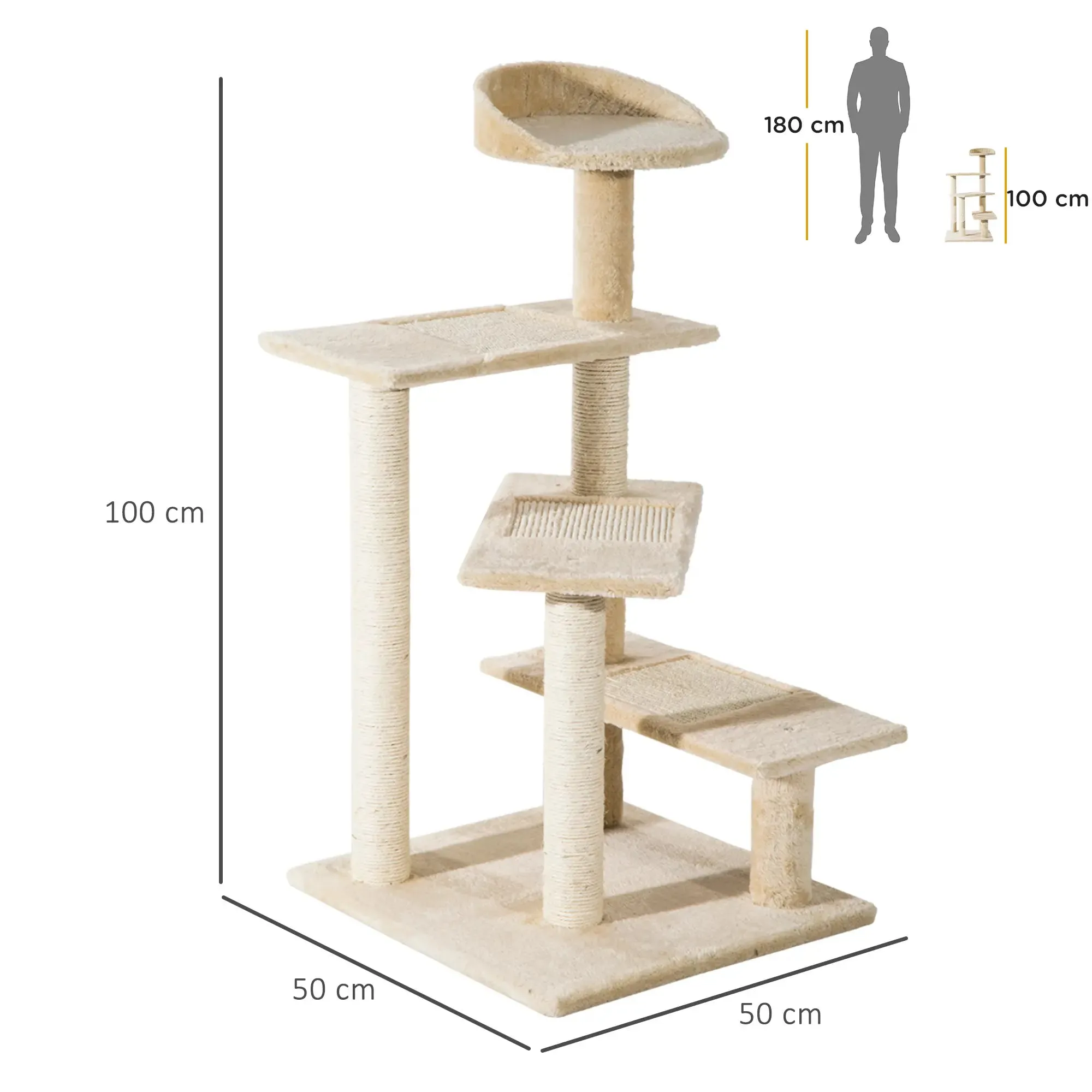 Multi-Level Cat Perch with Sisal Scratching Post, Cat Tree with Platforms and Plush House Beige, 50x50x100cm