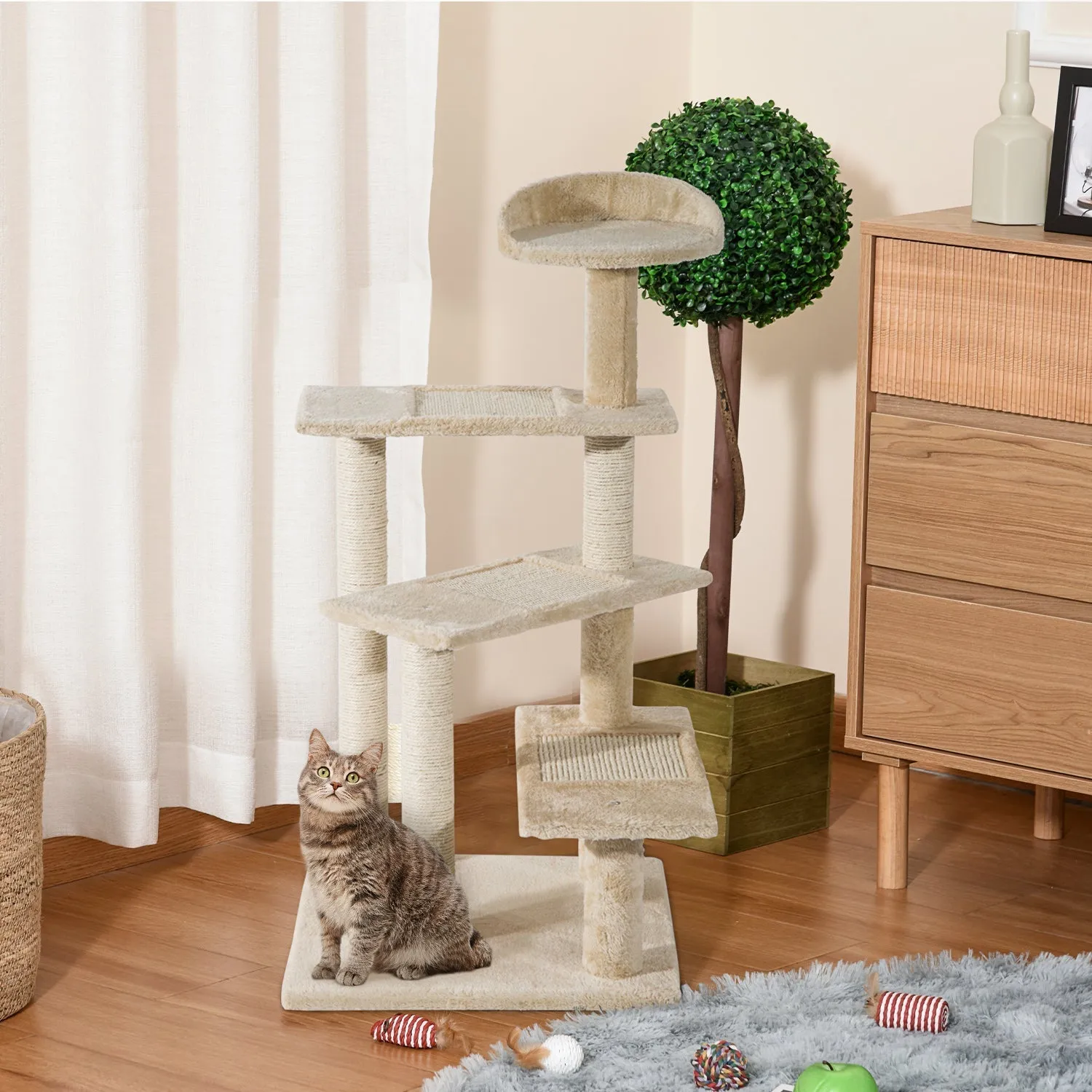 Multi-Level Cat Perch with Sisal Scratching Post, Cat Tree with Platforms and Plush House Beige, 50x50x100cm