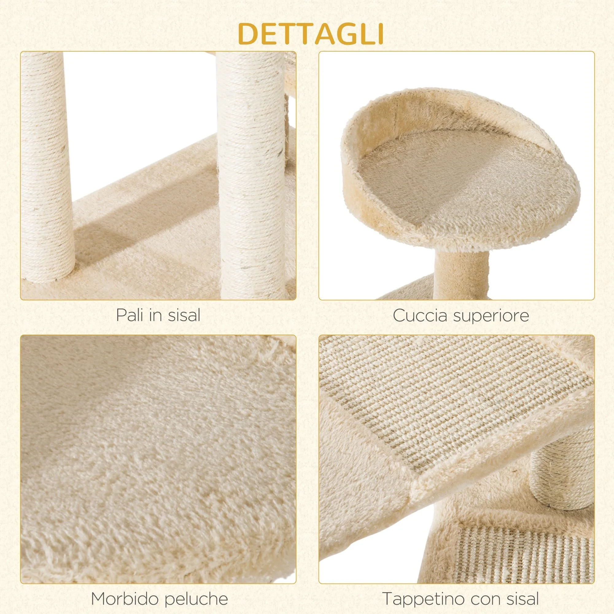 Multi-Level Cat Perch with Sisal Scratching Post, Cat Tree with Platforms and Plush House Beige, 50x50x100cm
