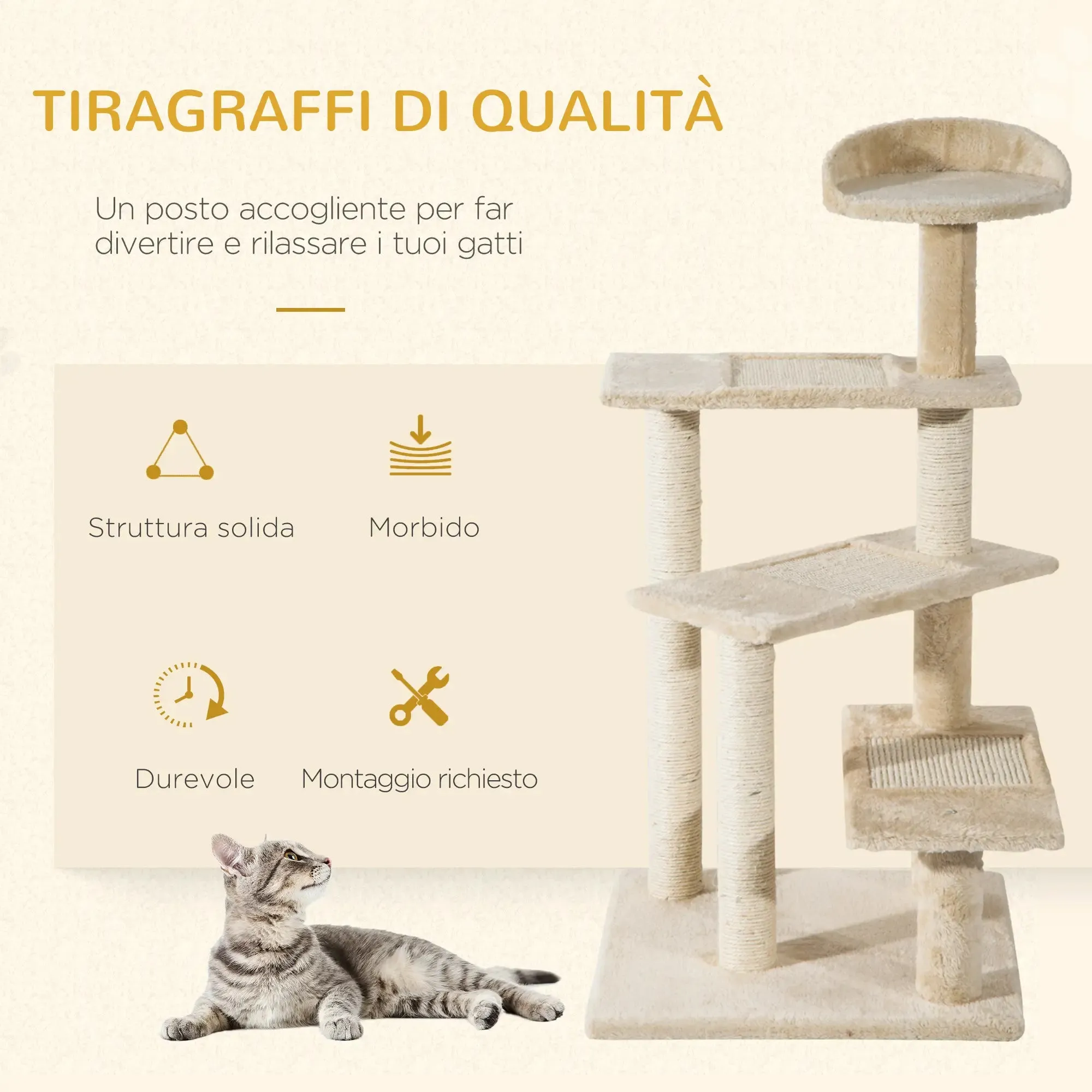 Multi-Level Cat Perch with Sisal Scratching Post, Cat Tree with Platforms and Plush House Beige, 50x50x100cm