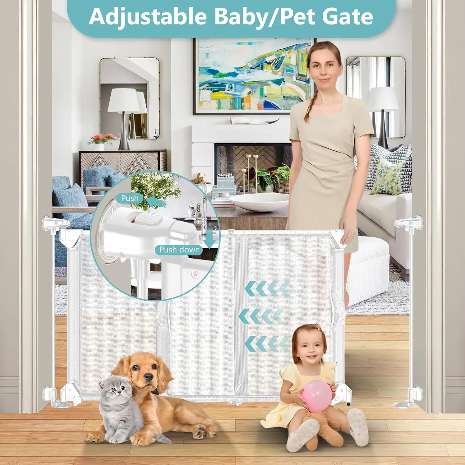 No Drilling Adjustable Baby Gates for Doorways Without Screw Sliding 28 Inch Tall Step Over No Drill Mesh Baby Gate 32"-55" Wide Expandable Pet Gate Indoor Puppy Gate for The House Dog Fence (White)