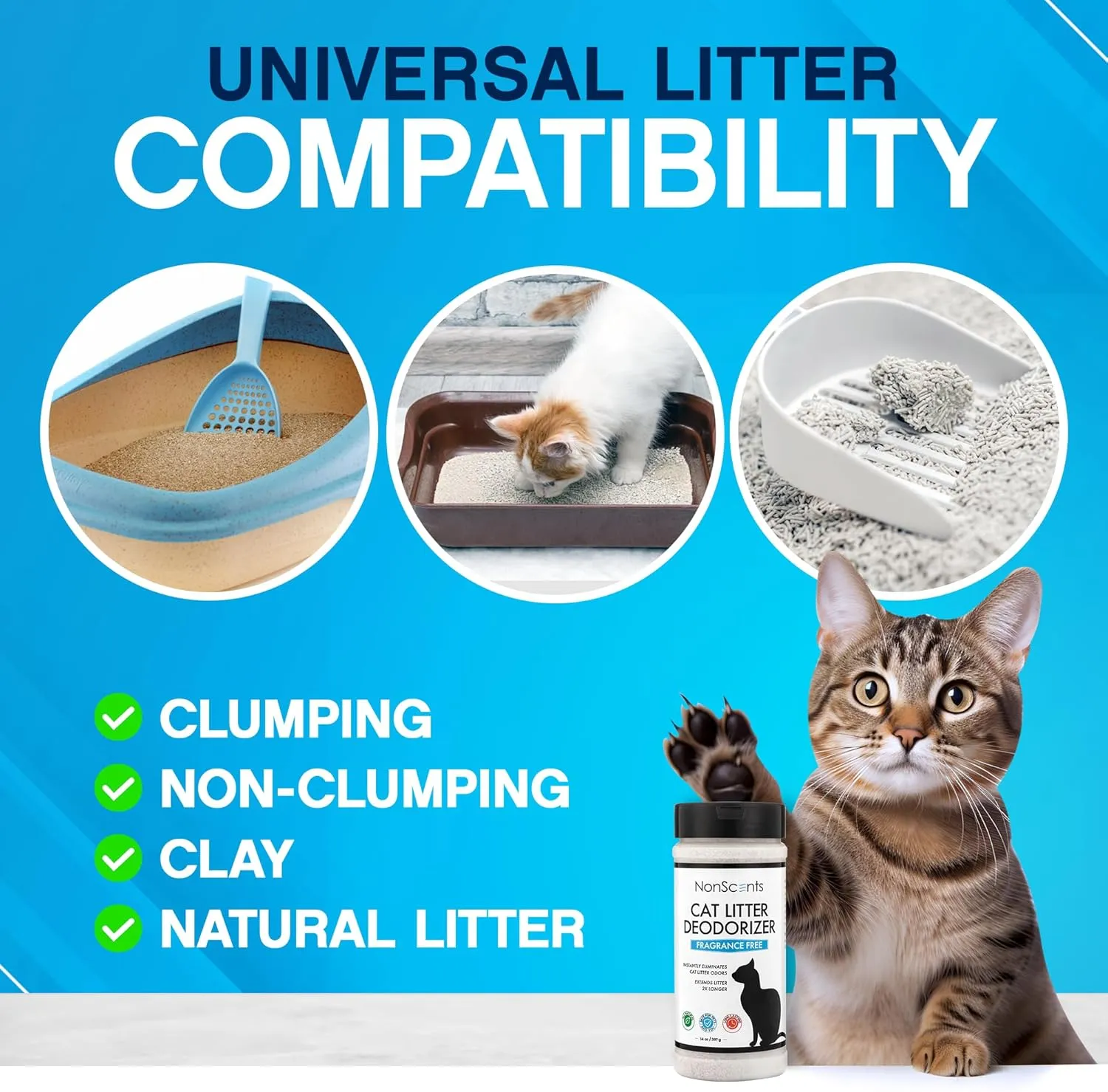 NonScents Cat Litter Deodorizer - Litter Box Odor Eliminator - Less Scooping Extends Kitty Litter Lifespan - Fragrance-Free Formula Eliminates Unpleasant Cat Odors - Fresh Scent Litter Pans (4-Pack)