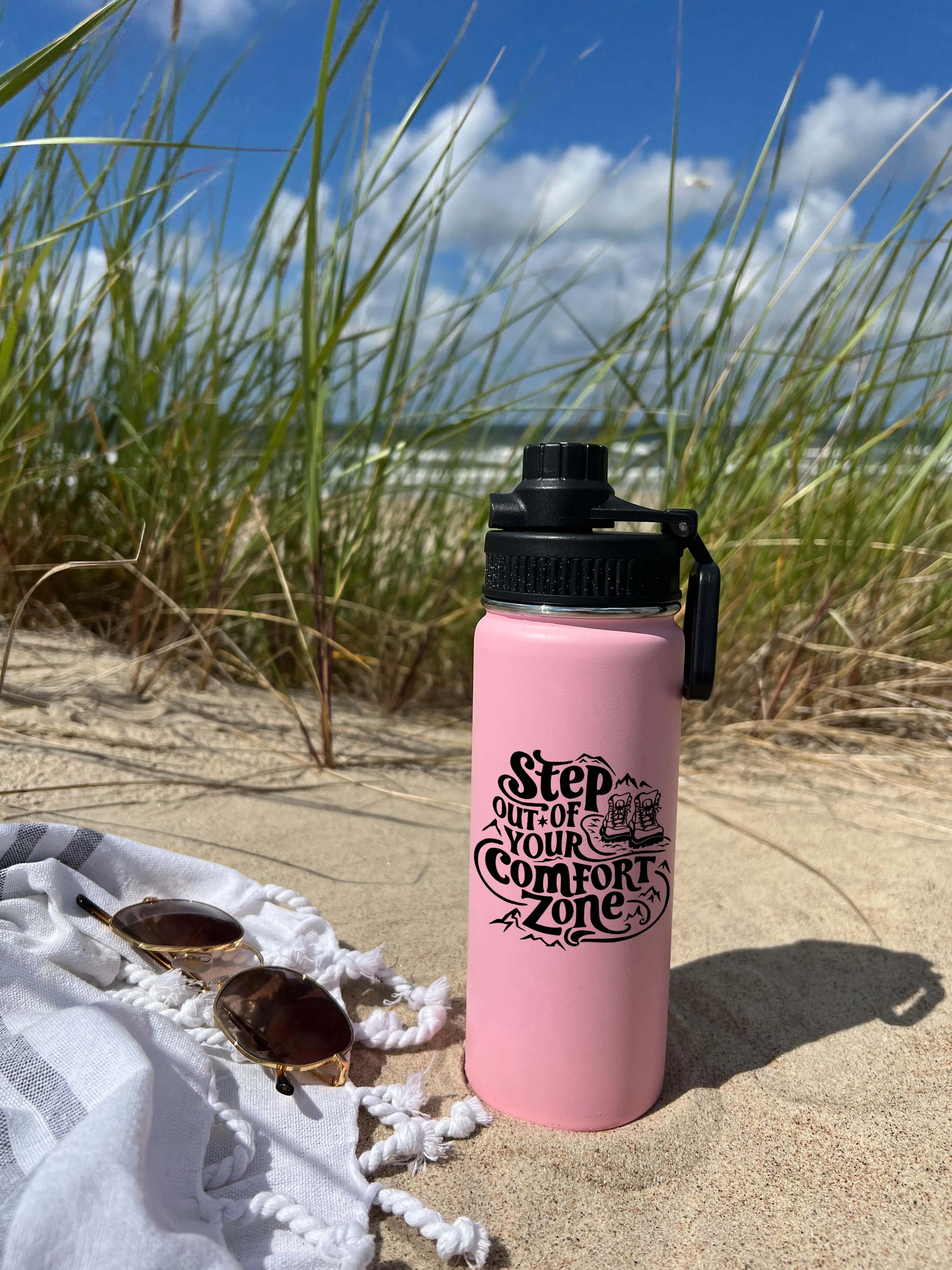 Out of Comfort Zone Sports Water Bottle 18/32 oz, Traveling, Stainless Steel Insulated Flasks, Custom Water Bottle, Name Bottle,  Keeps Cold 24 Hrs