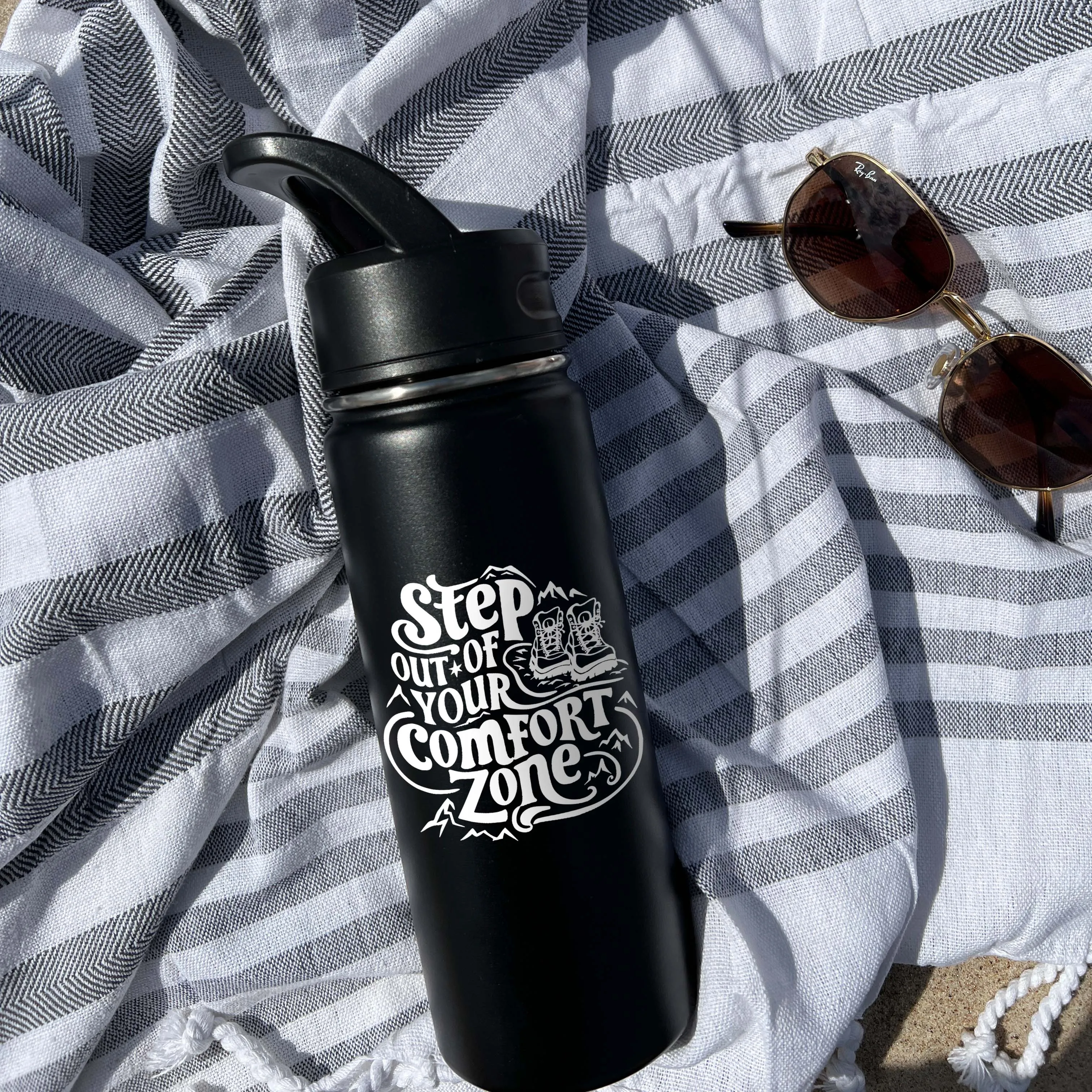 Out of Comfort Zone Sports Water Bottle 18/32 oz, Traveling, Stainless Steel Insulated Flasks, Custom Water Bottle, Name Bottle,  Keeps Cold 24 Hrs