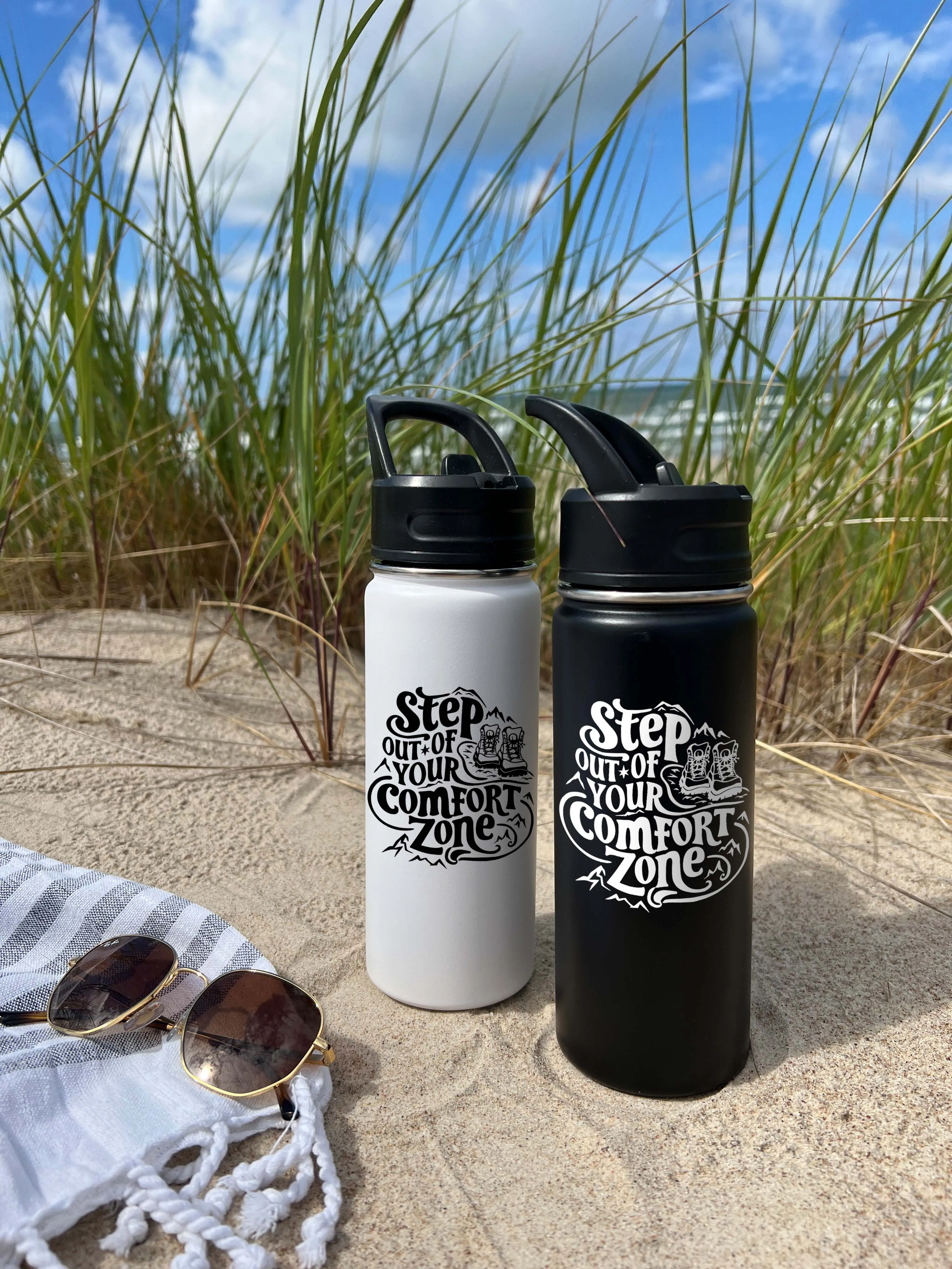 Out of Comfort Zone Sports Water Bottle 18/32 oz, Traveling, Stainless Steel Insulated Flasks, Custom Water Bottle, Name Bottle,  Keeps Cold 24 Hrs