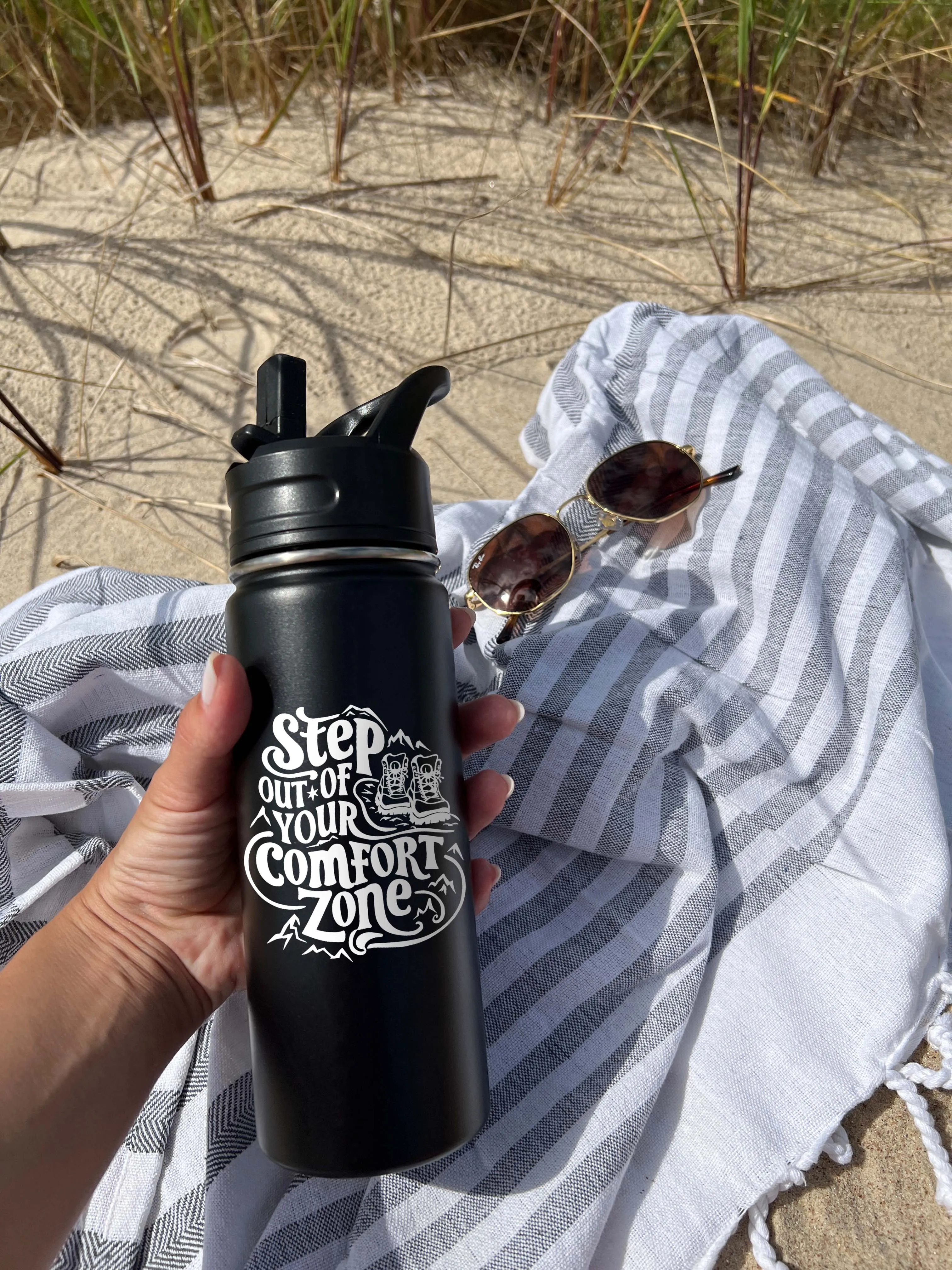 Out of Comfort Zone Sports Water Bottle 18/32 oz, Traveling, Stainless Steel Insulated Flasks, Custom Water Bottle, Name Bottle,  Keeps Cold 24 Hrs