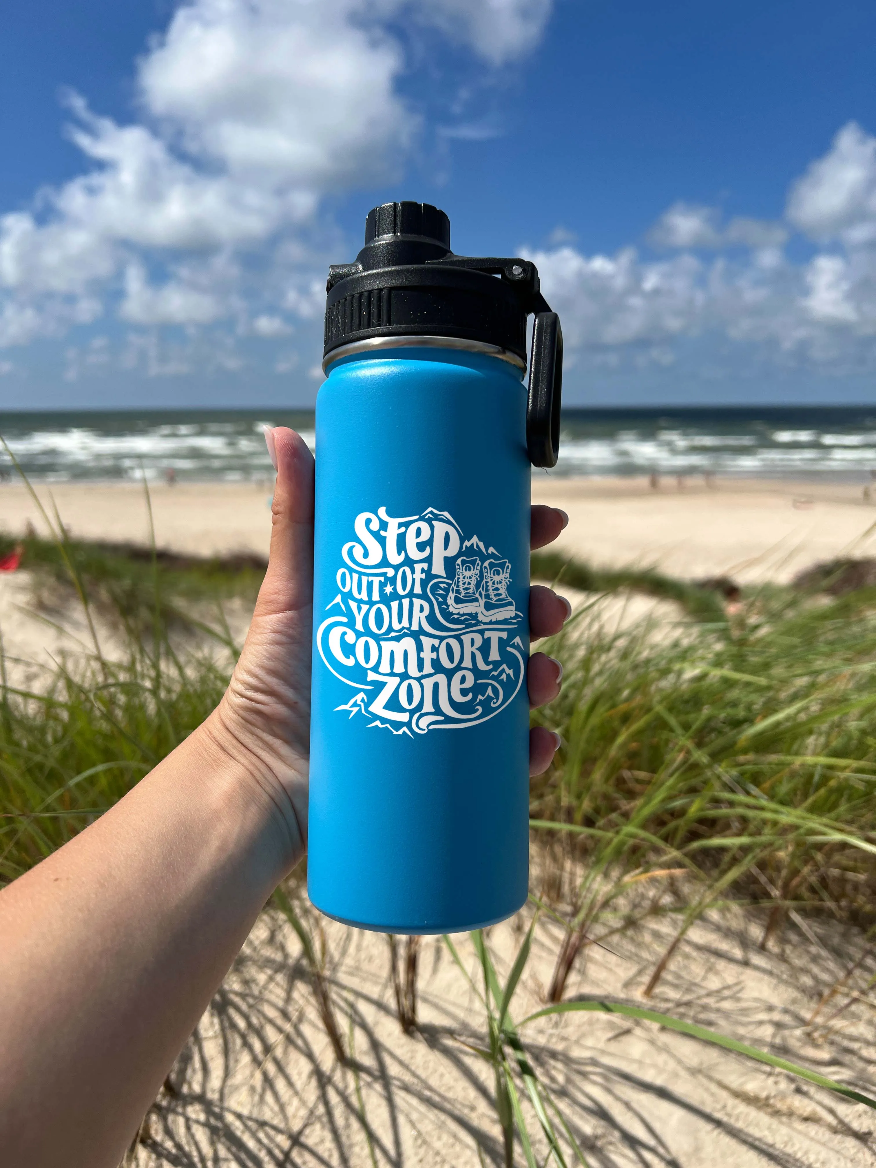 Out of Comfort Zone Sports Water Bottle 18/32 oz, Traveling, Stainless Steel Insulated Flasks, Custom Water Bottle, Name Bottle,  Keeps Cold 24 Hrs