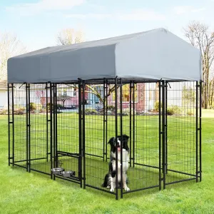 Outdoor Dog Kennel, 8'x 4'x 6' Heavy Duty Dog Enclosure with Waterproof Roof Cover & 2 Rotating Dog Bowls for Large Dogs, Welded Wire Steel Outside Dog Fence Dogs Exercise with Secure Lock