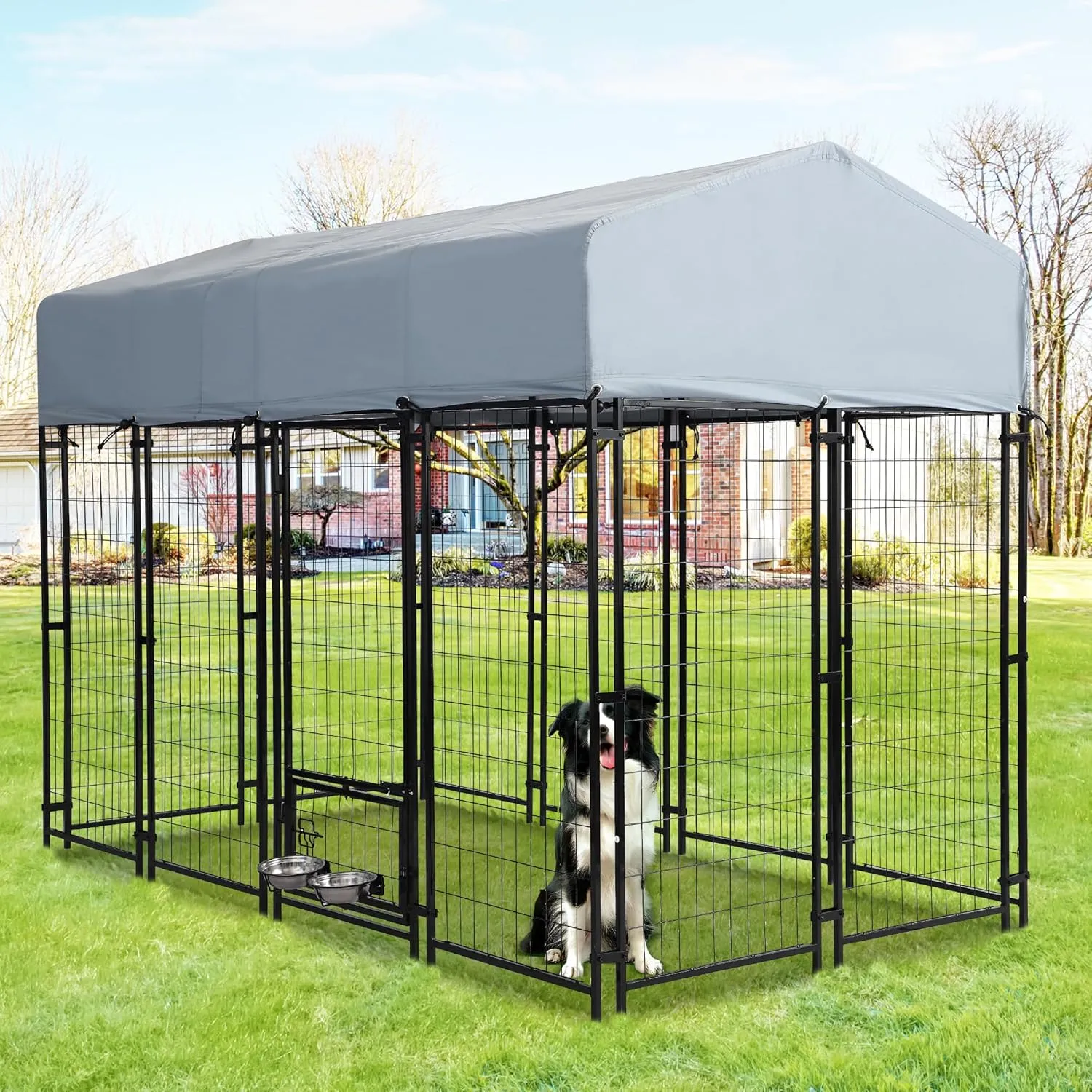 Outdoor Dog Kennel, 8'x 4'x 6' Heavy Duty Dog Enclosure with Waterproof Roof Cover & 2 Rotating Dog Bowls for Large Dogs, Welded Wire Steel Outside Dog Fence Dogs Exercise with Secure Lock