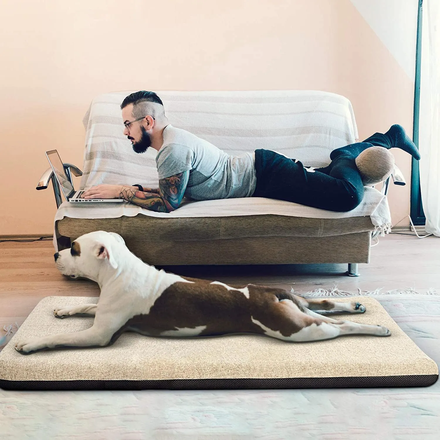 Panku Orthopedic Dog Beds for Extra Large Dogs, Dog Pad for Crate with Durable Washable Waterproof Linen Removable Cover, Cream White