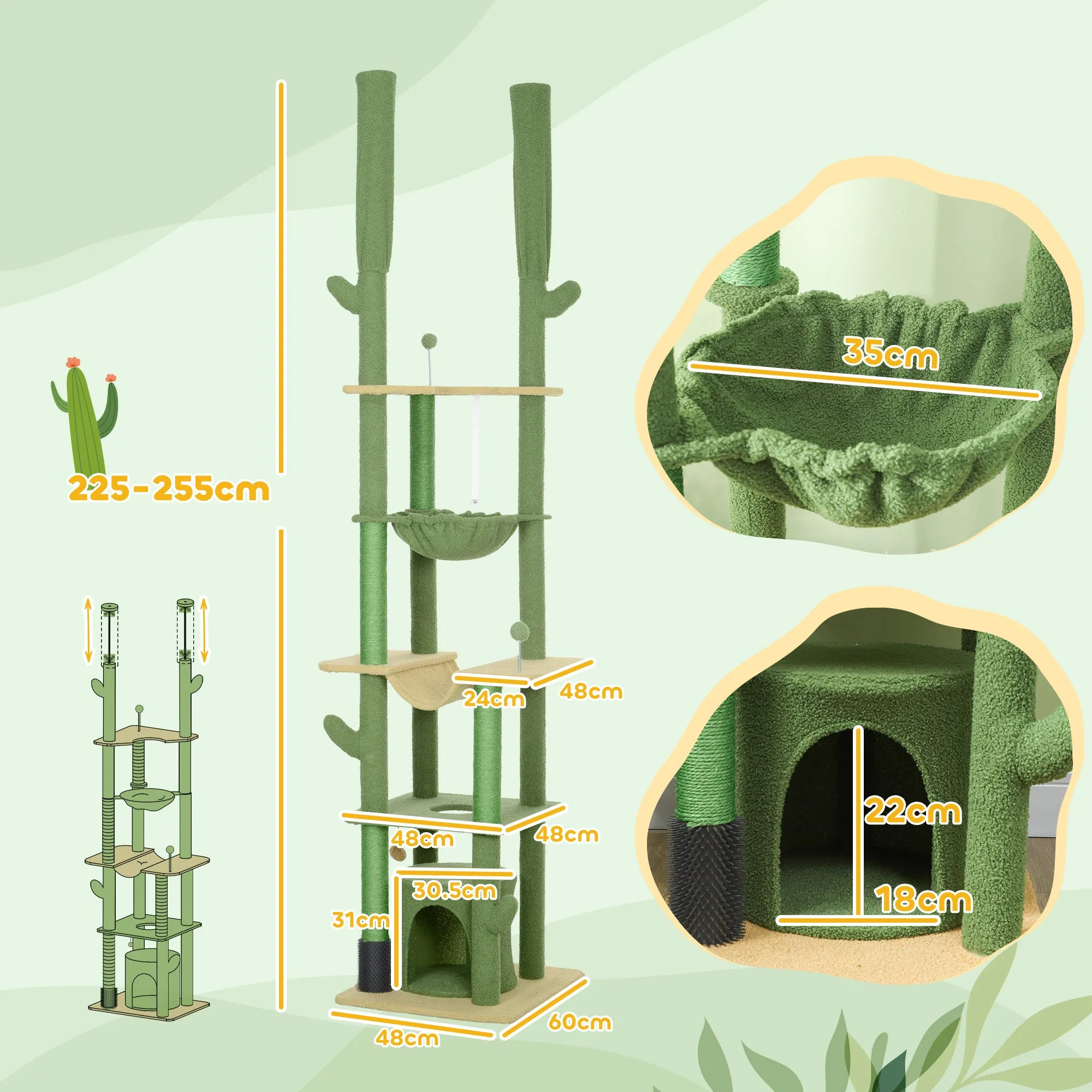 PawHut 225-255Hcm Floor to Ceiling Cat Tree w/ Hammocks, Condo - Green