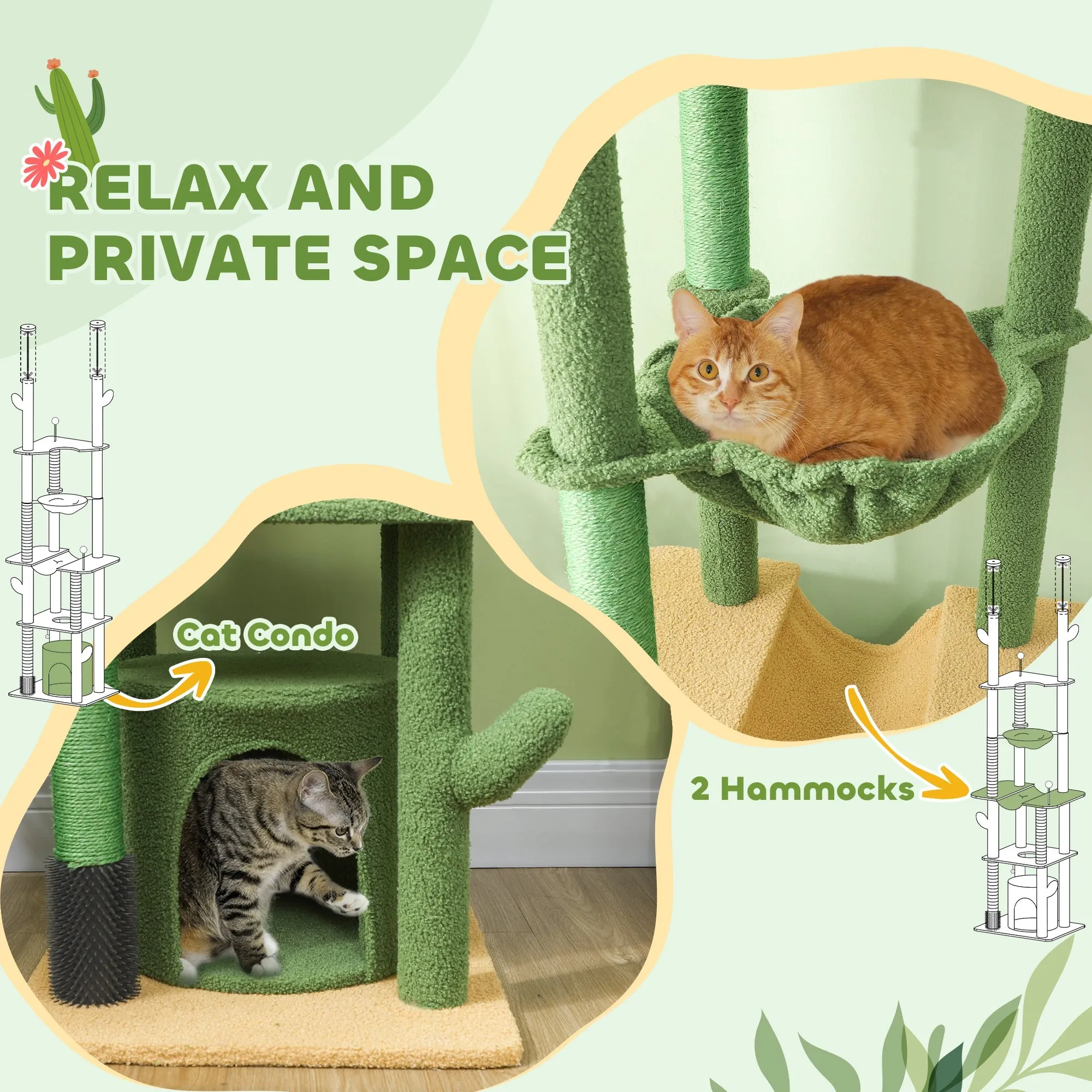 PawHut 225-255Hcm Floor to Ceiling Cat Tree w/ Hammocks, Condo - Green