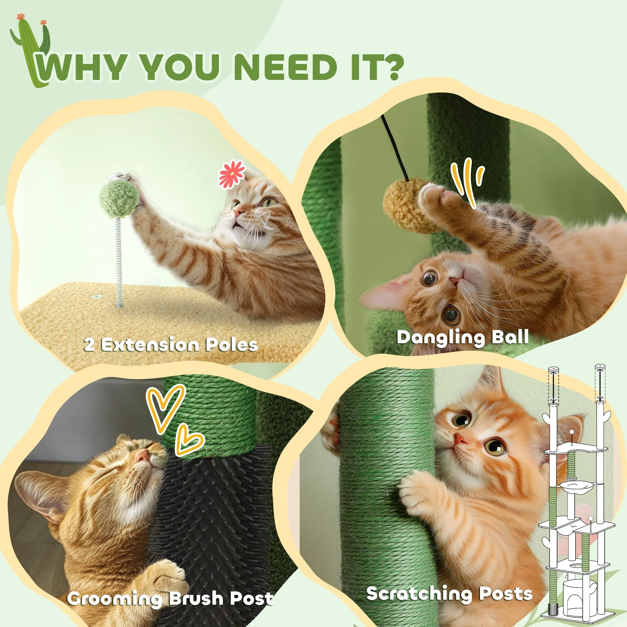 PawHut 225-255Hcm Floor to Ceiling Cat Tree w/ Hammocks, Condo - Green