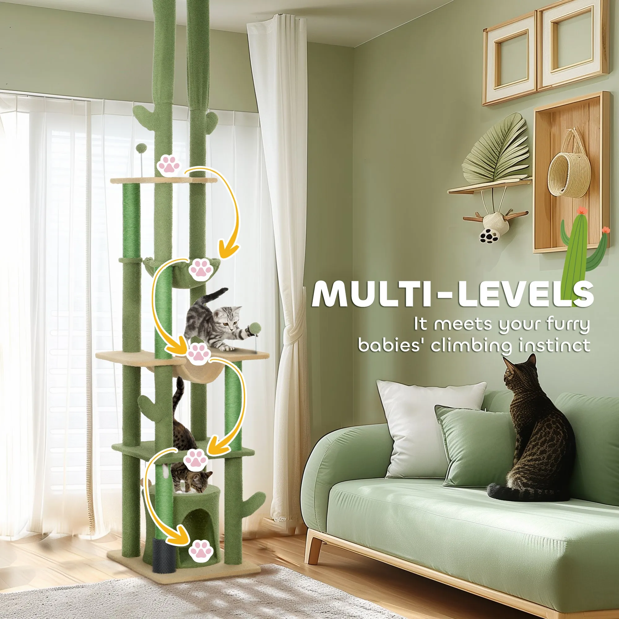 PawHut 225-255Hcm Floor to Ceiling Cat Tree w/ Hammocks, Condo - Green
