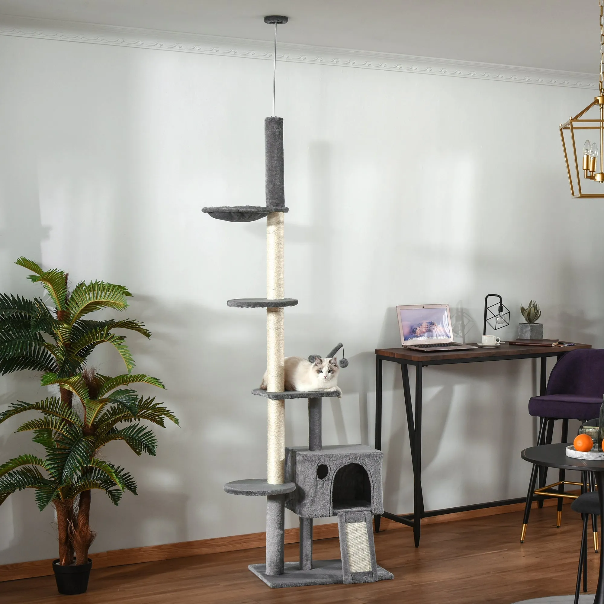 PawHut 270cm Floor To Ceiling Cat Tree Cat House Scratching Post for Indoor Cats Hammock Hanging Ball Activity Center Grey