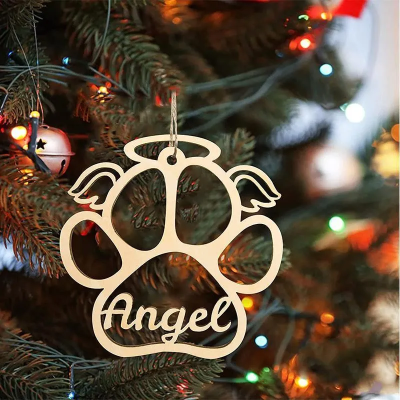 Personalized Dog Paw Christmas Ornaments with Heart, Custom Pet Name Wooden Ornaments for Christmas