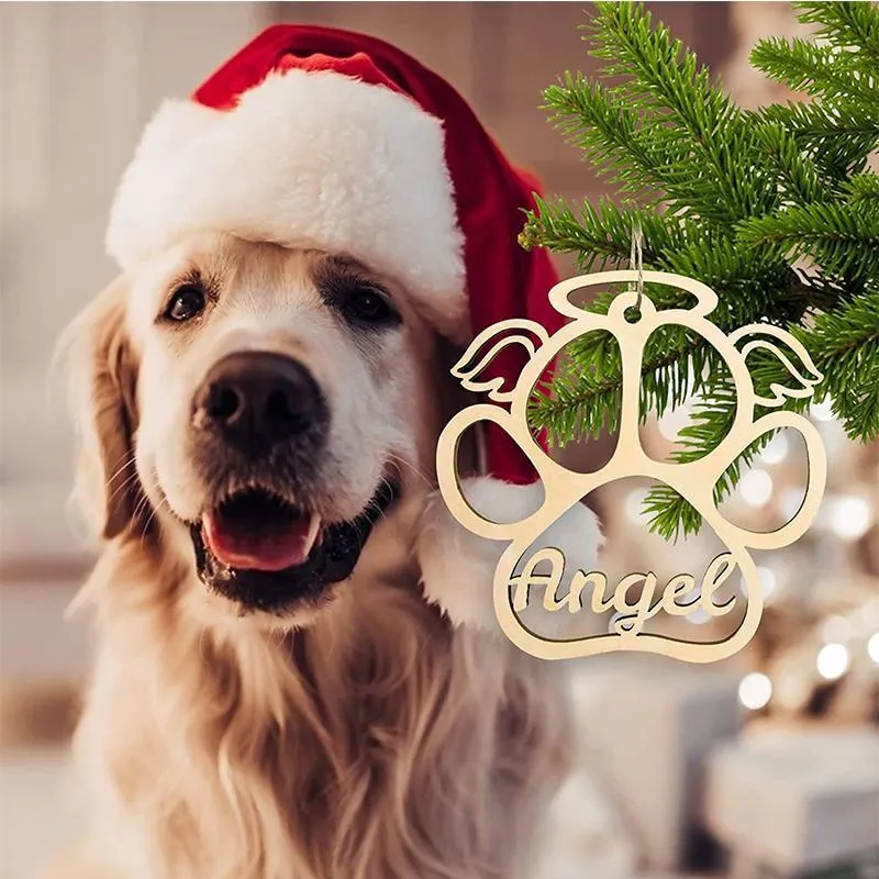 Personalized Dog Paw Christmas Ornaments with Heart, Custom Pet Name Wooden Ornaments for Christmas
