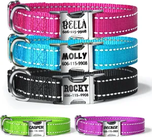 Personalized Nylon Dog Collars with Laser Engraved Name Plate, Buckle Closure, and Reflective Threads