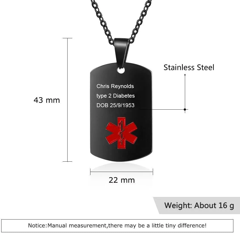 Personalized Stainless Steel Men's & Women's Medical Alert Necklace Engraved Medical ID Tag Emergency Med Alert Pendant Necklace