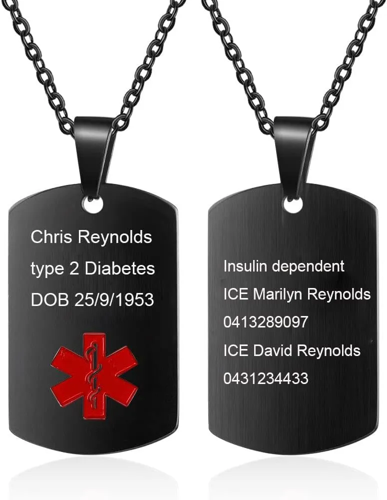 Personalized Stainless Steel Men's & Women's Medical Alert Necklace Engraved Medical ID Tag Emergency Med Alert Pendant Necklace
