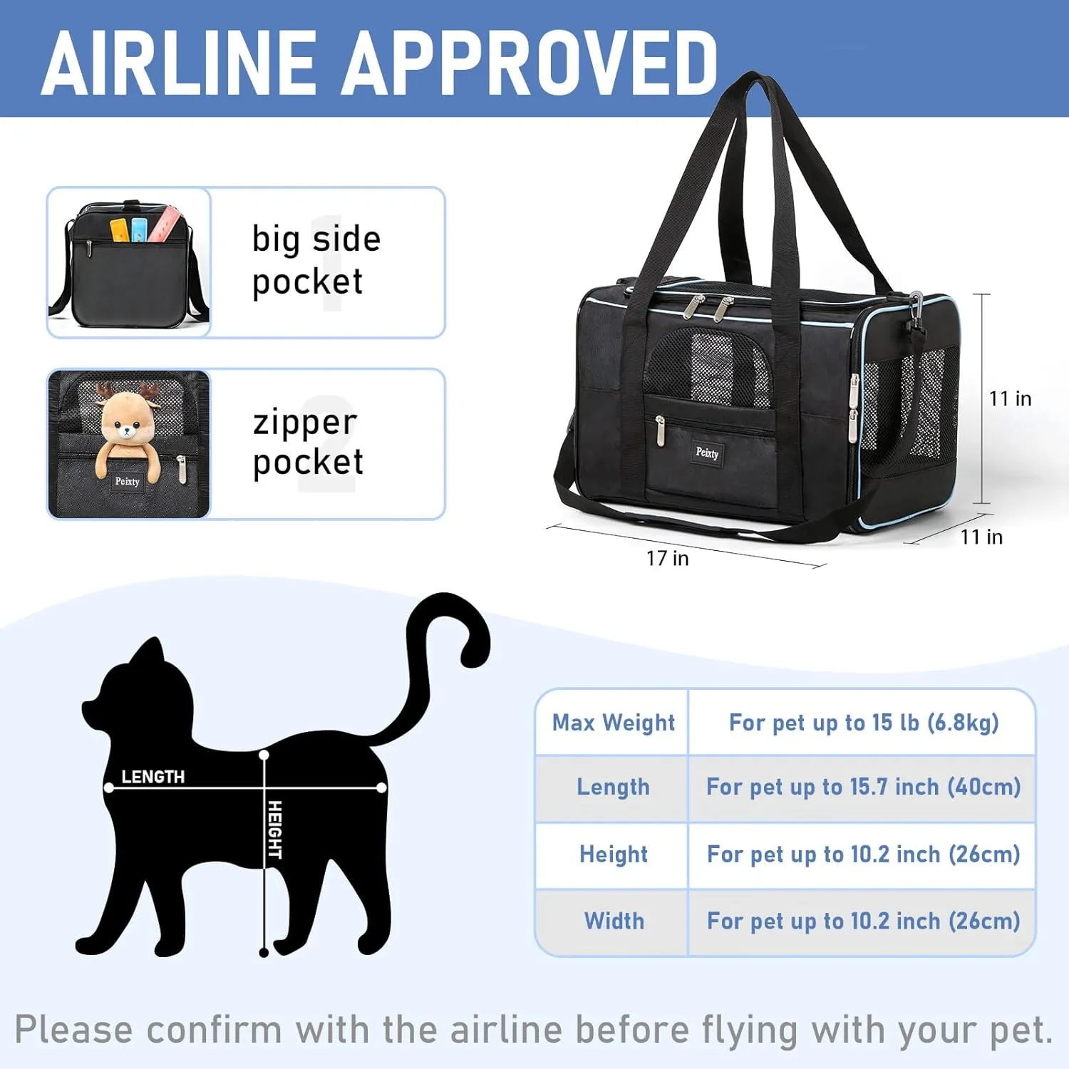 Pet Carrier for Cats,Small Dogs Under 15 Lbs(17x11x11 Inches),Delta/American/United Airline Approved Carriers, Cats Soft-Sided Carriers,Pet Travel Carrier Bag with Two Storage Pockets-Black