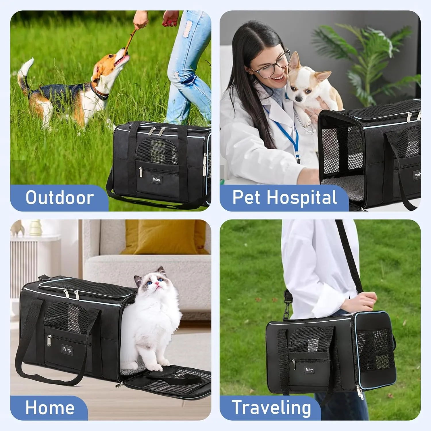 Pet Carrier for Cats,Small Dogs Under 15 Lbs(17x11x11 Inches),Delta/American/United Airline Approved Carriers, Cats Soft-Sided Carriers,Pet Travel Carrier Bag with Two Storage Pockets-Black
